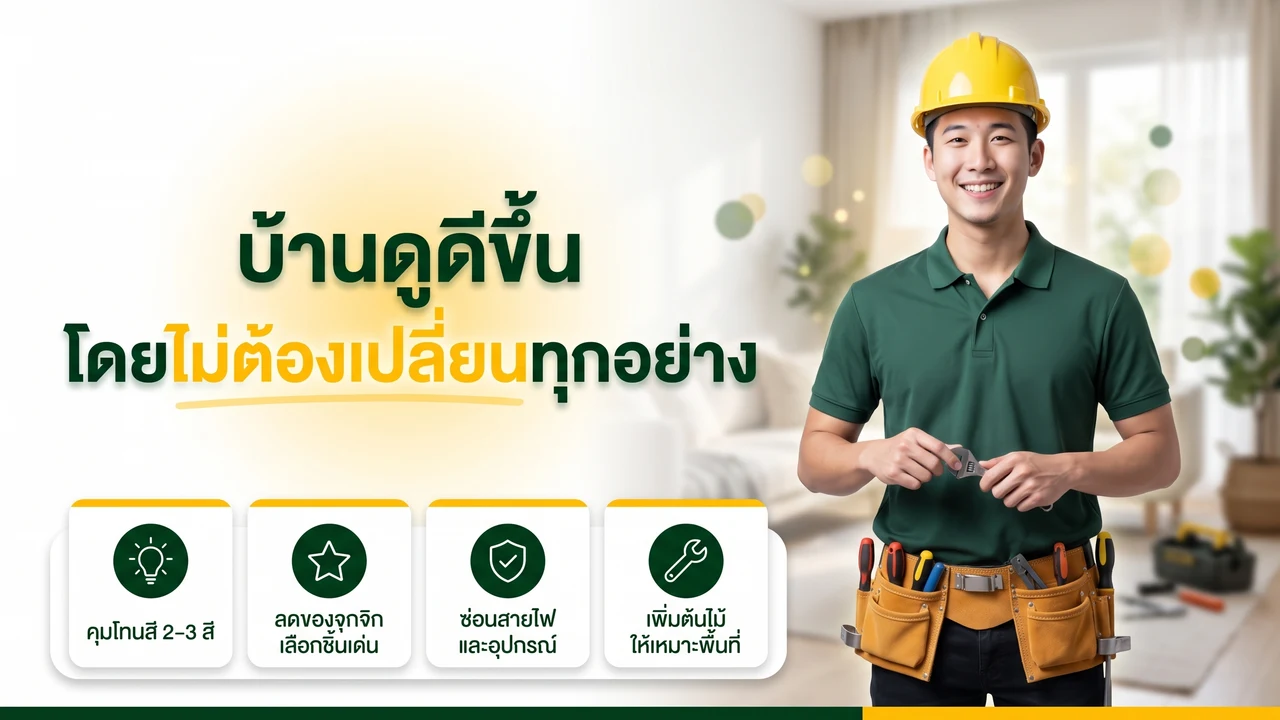 อินโฟกราฟิกเทคนิคทำให้บ้านดูดีขึ้นด้วยการจัดสี ลดของ ซ่อนสายไฟ และเพิ่มต้นไม้