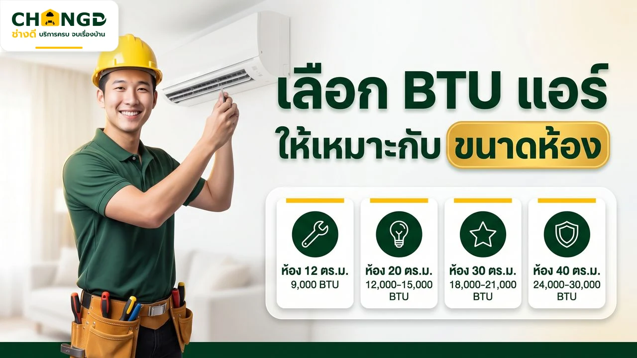 อินโฟกราฟิกแนะนำการเลือกขนาด BTU แอร์ให้เหมาะสมกับพื้นที่ห้องแต่ละขนาด