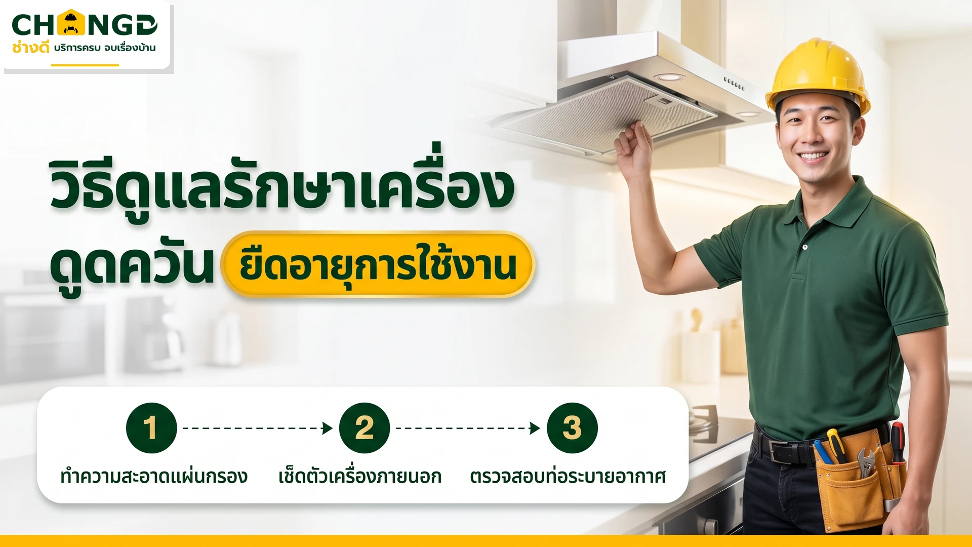 อินโฟกราฟิกขั้นตอนการดูแลรักษาเครื่องดูดควันในครัว 3 ขั้นตอนง่ายๆ